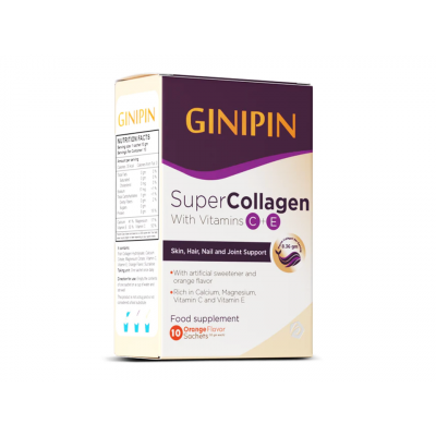 GINIPIN SUPER COLLAGEN FOR SKIN , HAIR , NAILS & JOINTS ( MARINE COLLAGEN 8.36 GM + CALCIUM 41% + MAGNESIUM 17% + VITAMIN E 50% + VITAMIN C 50% ) 10 SACHETS